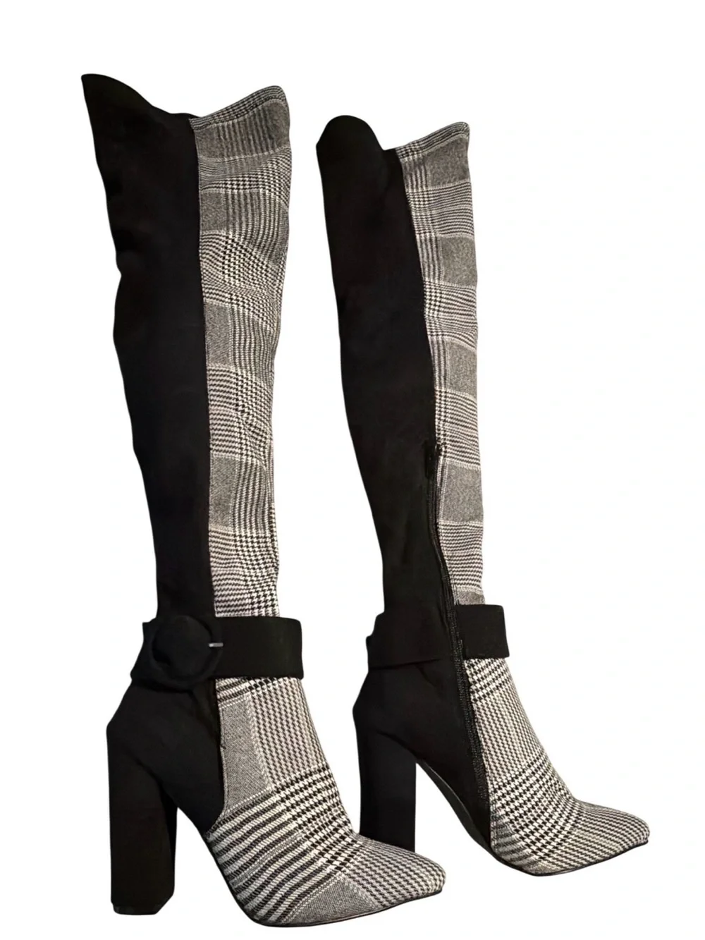 NWOT Black & Gray Houndstooth Over-the-Knee Block Heel Boots